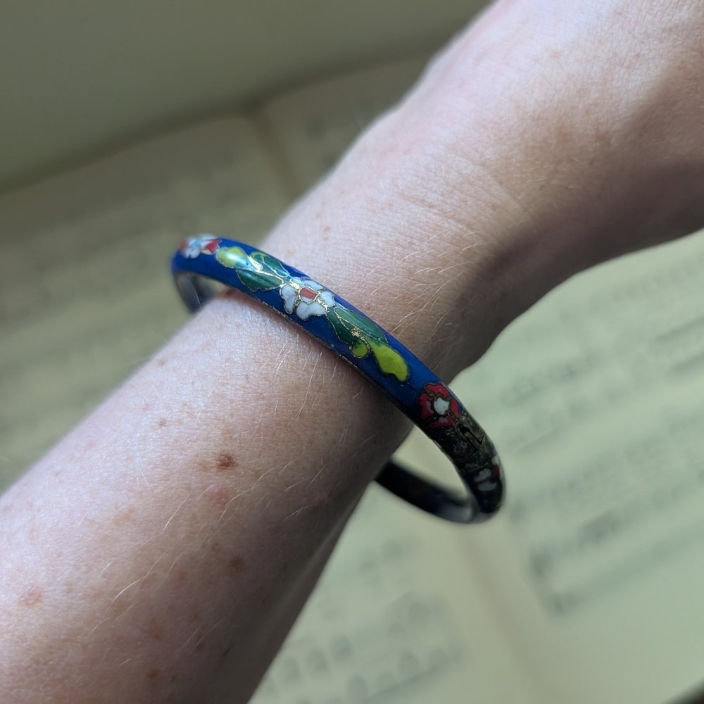 Floral Blue Bangle Cloisonne Bracelet - Picture 5 of 12